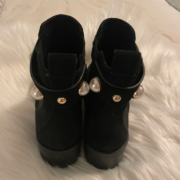 Karl Lagerfeld Paris Pola Black Suede Pearl Gold Studded Lug Sole Bootie - Picture 3 of 4